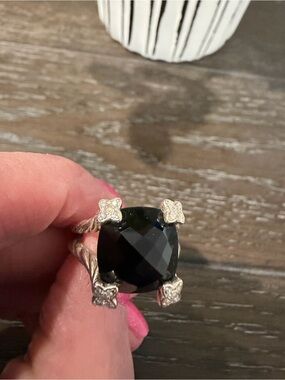 David Yurman Silver Twisted Band Ring with onyx stone and diamond accents